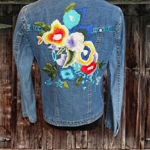Vintage Embroidered Denim Jacket Floral Western Festival Size  PM